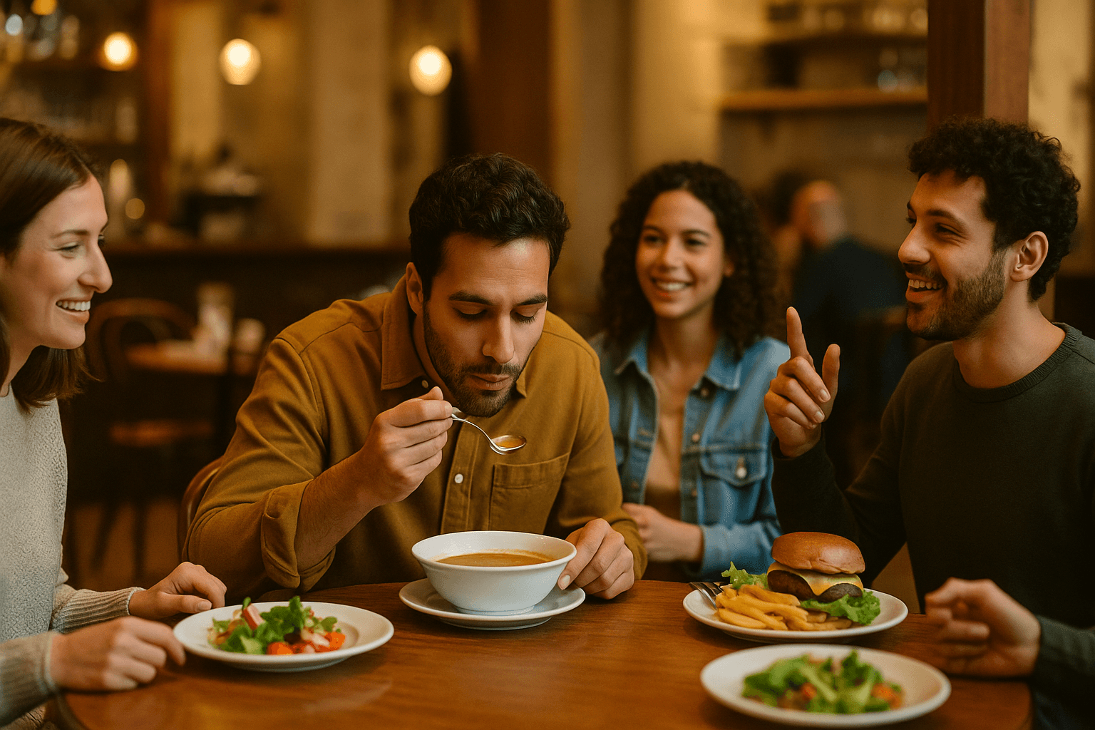 Four friends sitting at a table sharing a meal at a restaurant